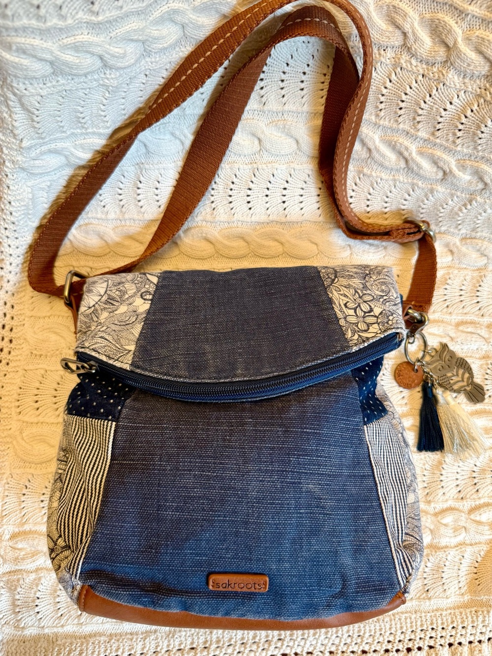 Sakroots Denim Blue Artist Circle Patchwork Crossbody Bag Owl Charm Brown Strap
